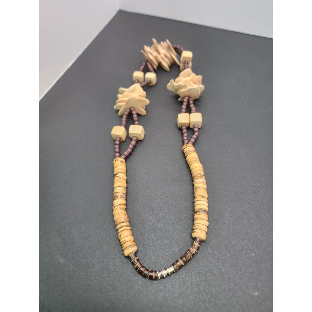 Vintage Unique Tribal Wood & Coconut Disc Beads Necklace Hand Carved - Picture 6 of 7